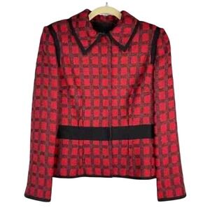 Carlisle Tweed Designer Red Plaid Jacket Black Trim Classic Career Wear SZ US 16